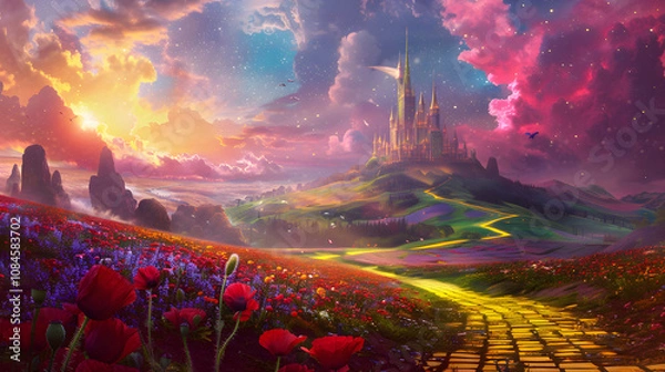 Obraz Enchanting Panoramic View of the Vibrant Landscape of Oz with the Emerald City and Yellow Brick Road