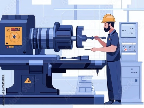 Fototapeta Skilled Machinist Working in Industrial Workshop with Precision Machinery and Tools, Focusing on Metal Fabrication and Manufacturing Processes