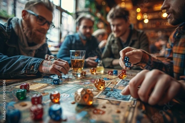 Fototapeta A group of friends is gathered around a table in a warm pub, engaging in a board game while sharing drinks and enjoying each other's company as they roll dice and strategize