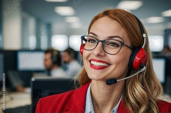 Obraz Portrait of a businesswoman with headset on, red dressed young woman with a headset smiling, working as a call center operator in a busy office. Red hair, red lips, operator, assists 