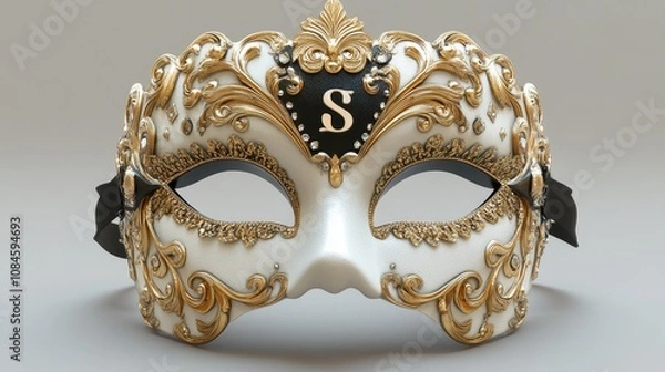 Fototapeta Elegant ornate mask with intricate gold detailing and a black ribbon