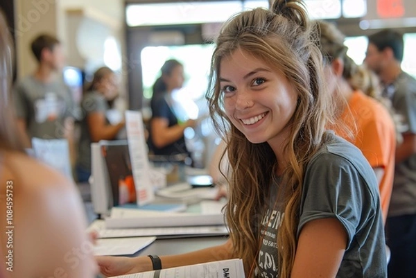 Fototapeta A cheerful student interacts with peers at a campus information center during an orientation event. The atmosphere is vibrant, filled with conversations and excitement from new students