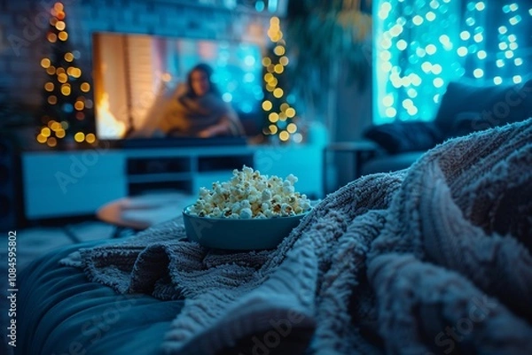 Fototapeta A comfortable living room decorated with twinkling lights sets the ambiance for a cozy movie night. A bowl of popcorn sits on a soft blanket, inviting relaxation and enjoyment