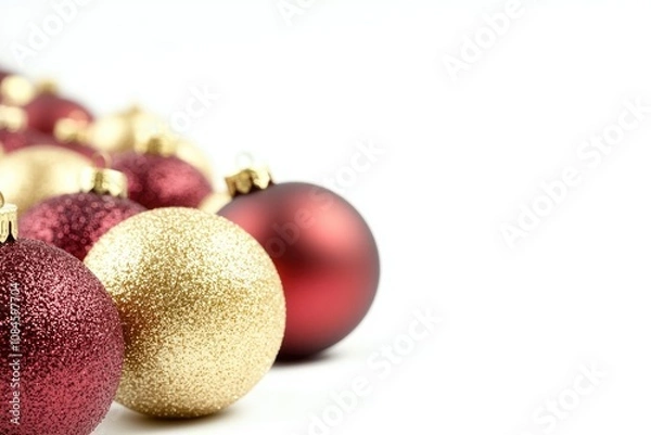Fototapeta Row of red and gold Christmas ornaments on a table or shelf