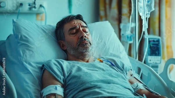 Fototapeta An intravenous saline drip was being administered to the patient while he suffered from the illness in the hospital. Medicine, health and people concept.