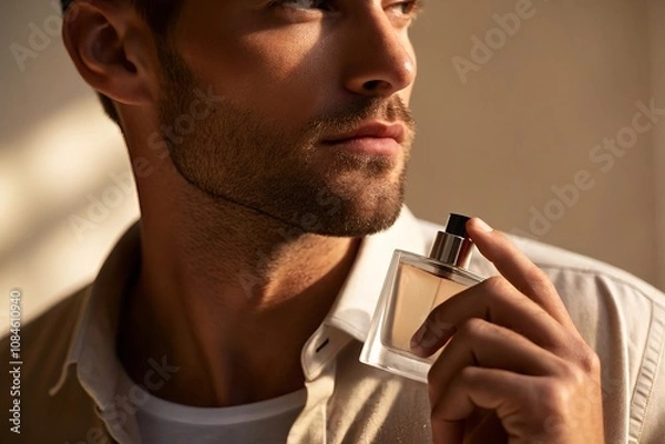 Fototapeta Close-up of a man holding a blank perfume bottle, perfect for branding, logo placement, or product design mockups. Template.