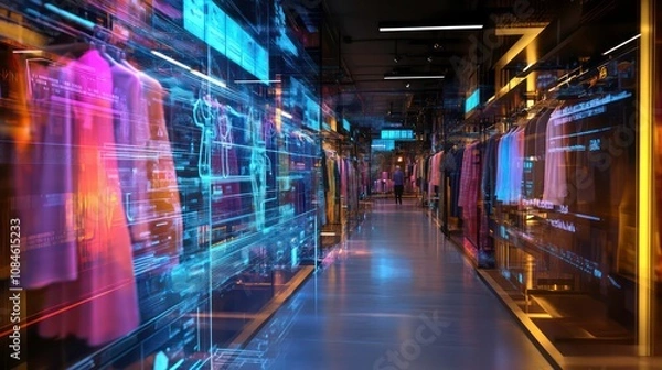Fototapeta An advanced shopping concept with digital screens overlaying a vibrant clothing store background