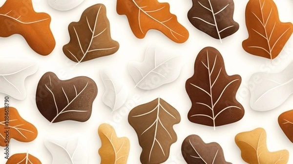 Fototapeta Pattern of decorative autumn leaves in brown, orange, and white shades on a light background, featuring various shapes and textures.