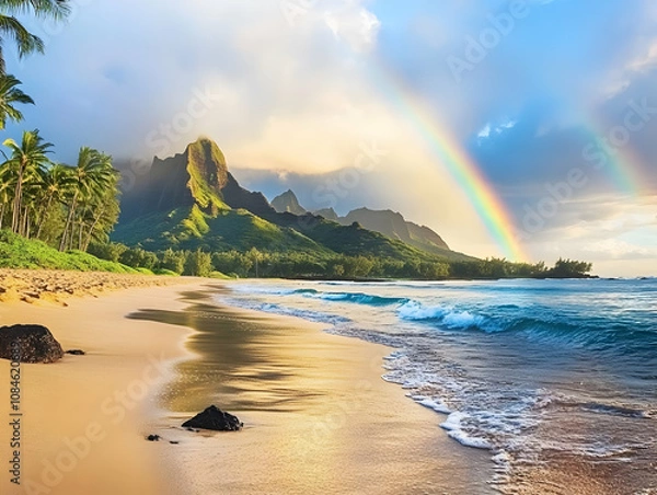 Fototapeta A serene beach scene with mountains, rainbows, and palm trees under a vibrant sky.