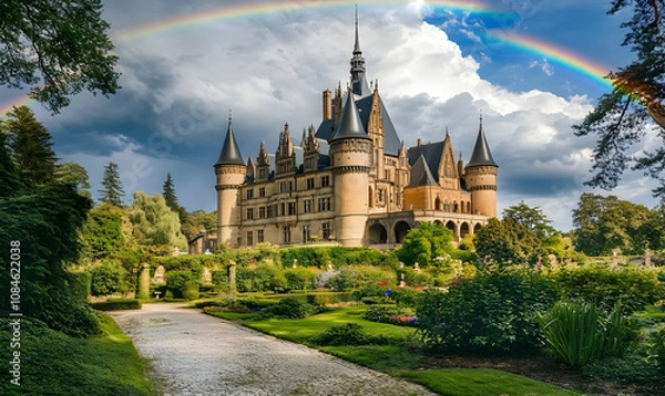 Obraz A majestic castle surrounded by lush gardens and a rainbow in a vibrant sky.