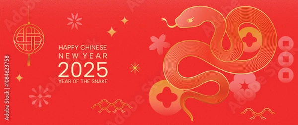 Fototapeta Happy Chinese new year 2025 background vector. Year of the snake design wallpaper with Chinese pattern, gold hanging lantern. Modern luxury oriental illustration for cover, banner, website, envelope.