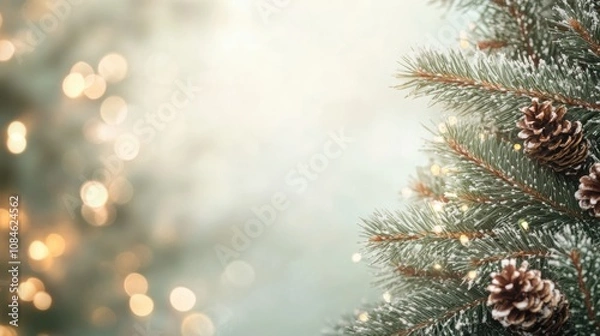 Fototapeta Pastel green bokeh background with handdrawn pine branch border