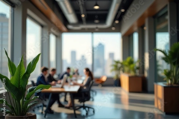 Fototapeta A modern room with a table of people, plants in the center, and large windows letting in light

