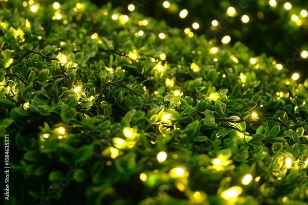 Fototapeta A bush adorned with numerous twinkling lights up close.