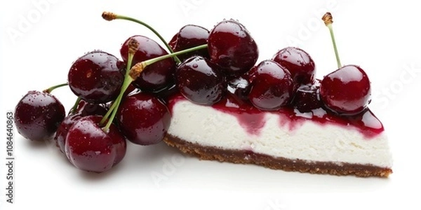 Obraz A slice of cheesecake topped with a cherry sauce and fresh cherries.