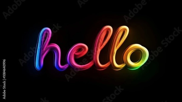 Fototapeta Colorful neon hello sign illuminated against a dark background, showcasing vibrant hues with a smooth, fluid design