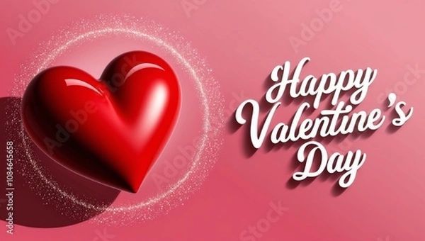 Fototapeta Elegant heart and happy valentines day text with sparkling particles on pink gradient background