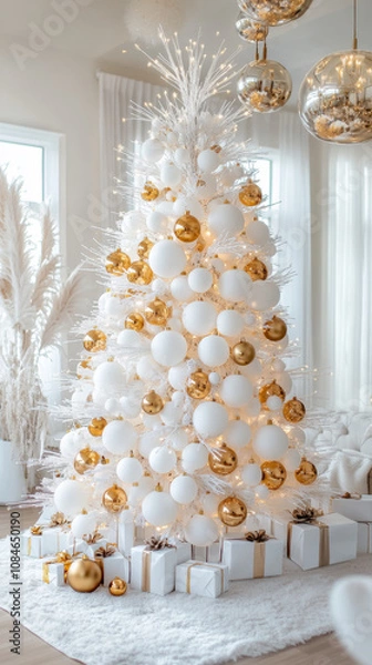 Obraz Modern minimalist Christmas tree made of geometric shapes with white and gold ornaments