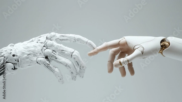 Fototapeta Two robot hands reaching towards each other, resembling the iconic scene from Michelangelo's Creation of Adam, with detailed mechanical and futuristic design elements.