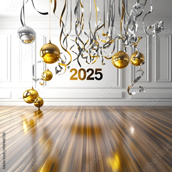 Fototapeta Elegant "2025" banner hanging on a plain wall, silver and gold streamers cascading from the ceiling, classic white background.