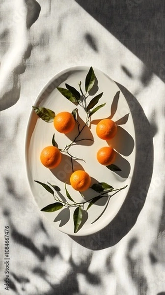 Fototapeta Overhead Shot of Fresh Mandarins with Leaves on White Oval Plate, Shadows and Textured White Background