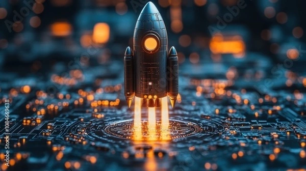 Fototapeta business startup businessman touching rocket launch with up arrow rapid business growth and investment growth success goals leadership target group of customers