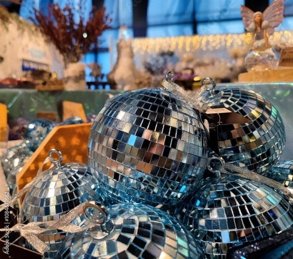 Fototapeta Disco ball colored Christmas baubles are on a store shelf during a Christmas show in a shop and are ready to be sold before the start of the holiday season