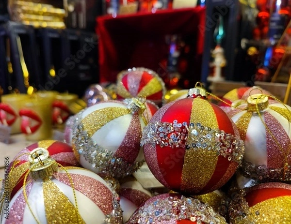 Fototapeta Red gold and white colored Christmas baubles are on a store shelf during a Christmas show in a shop and are ready to be sold before the start of the holiday season