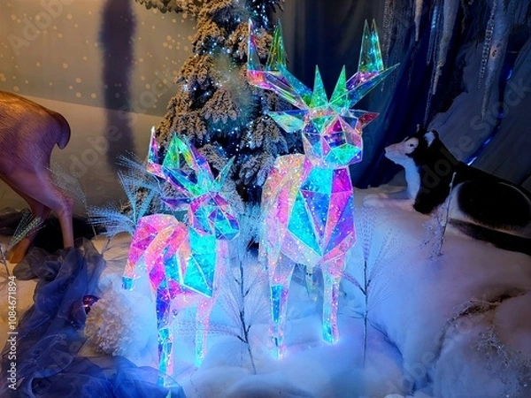 Fototapeta Shiny twinkly illuminated deer made of crystal are in a shop during a Christmas show