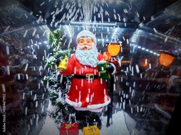 Fototapeta Santa Claus figure in a lantern with snow blowing up during a Christmas show in a store