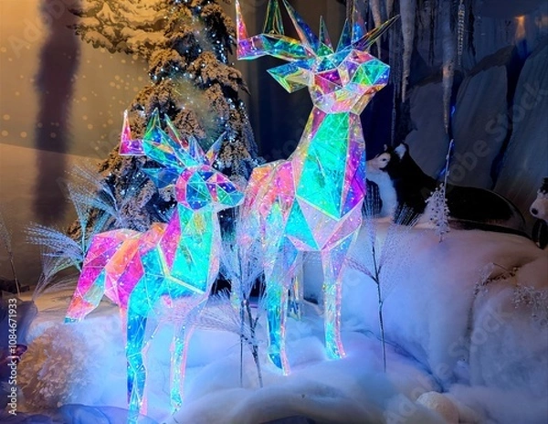 Fototapeta Shiny twinkly illuminated deer made of crystal are in a shop during a Christmas show