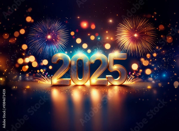 Fototapeta Golden 2025 in 3D against a blue background with fireworks exploding in the distance.