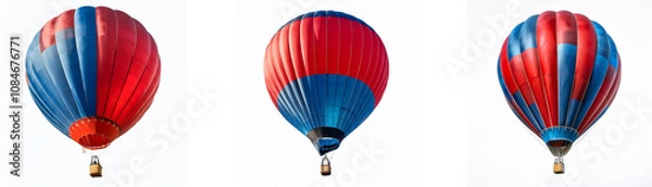 Fototapeta Three red and blue hot air balloons are floating in the sky.