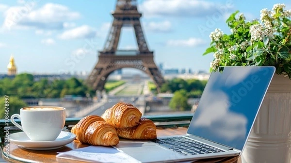 Fototapeta Digital nomad worldwide concept. A scenic balcony view featuring a laptop, coffee, and croissants with the Eiffel Tower in the background, ideal for a relaxing work setting.
