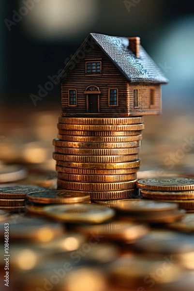 Fototapeta A small house sits atop a stack of coins highlighting the theme of housing market and financial investment for buyers