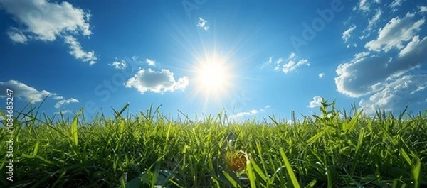 Fototapeta Bright Sunny Spring Day with Blue Sky and Lush Green Grass