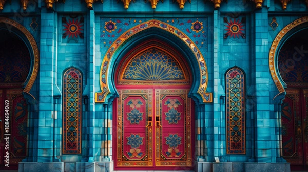 Obraz Arabian door to the mosque with Ramadan Kareem.