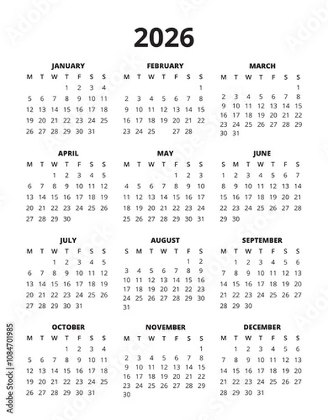 Obraz 2026 Year Calendar Printable Monday start