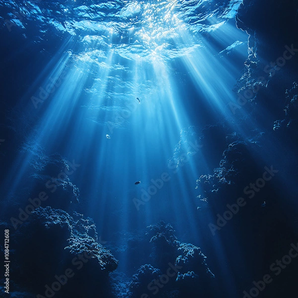 Fototapeta Deep blue ocean with light rays filtering down from the surface, small fish swimming, vast and mysterious underwater scene.