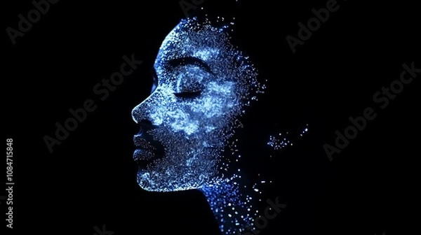 Fototapeta A profile portrait of a woman made of digital particles, glowing blue on a black background.