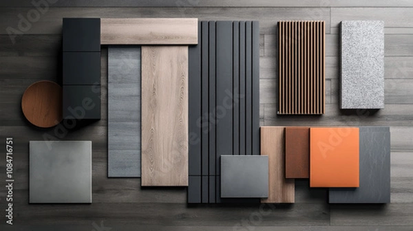 Fototapeta Assorted building and interior design materials including wood, fabric, and stone samples arranged neatly on a wooden surface in a geometric pattern