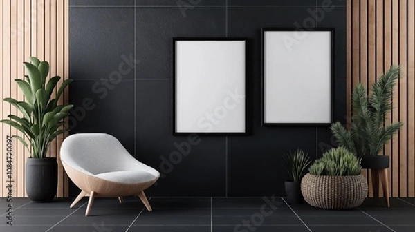 Fototapeta Modern interior design with a white chair, two blank frames, a wooden paneled wall, and several green plants in black pots and a woven basket.