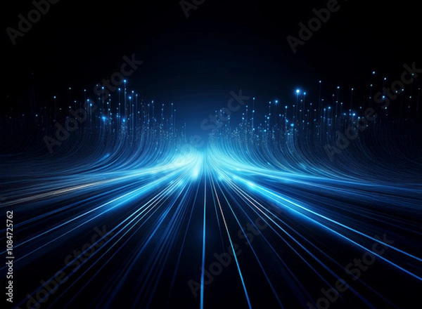 Fototapeta Abstract digital art depicting a glowing blue highway stretching into a dark, starlit horizon.  The light streaks create a sense of speed and movement.