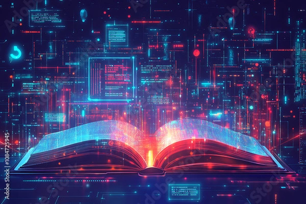 Obraz An open book surrounded by digital data and code, symbolizing knowledge and technology.