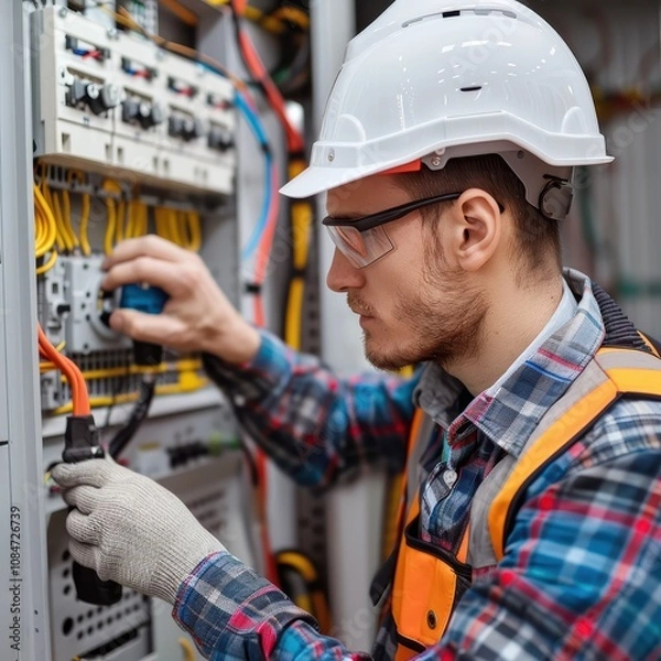 Fototapeta A skilled electrician is focused on connecting wires within an electrical panel. He is dressed in a safety vest and hard hat, ensuring safety while working inside a commercial facility