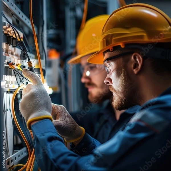 Fototapeta An experienced electrician focuses on wiring while adjusting connections in electrical panels. Another technician assists nearby, ensuring safe and efficient operations in the commercial setting