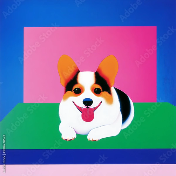 Obraz Corgi dog with playful expression, colorful background, and vibrant colors. This artwork captures joy and charm of beloved pet