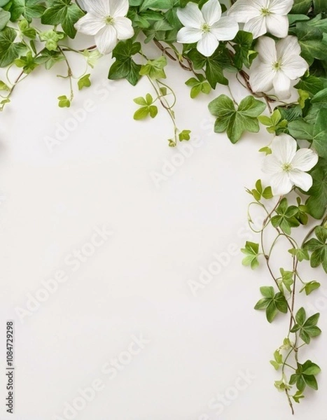 Fototapeta White clematis flowers and green ivy vines create a beautiful border on a white background.