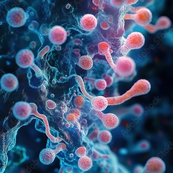 Fototapeta Exploring microbial life laboratory setting high-resolution image scientific visualization close-up view cell structure and function