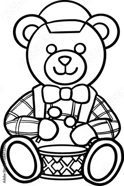 Obraz Outline drawing of a teddy bear with a bow is sitting playing a drum